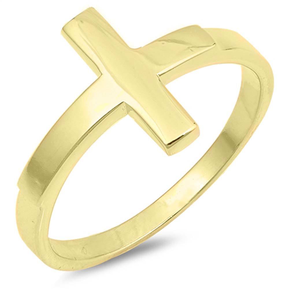 Sterling Silver Yellow Gold Plated Sideways Cross Shaped Plain RingsAnd Face Height 13mm