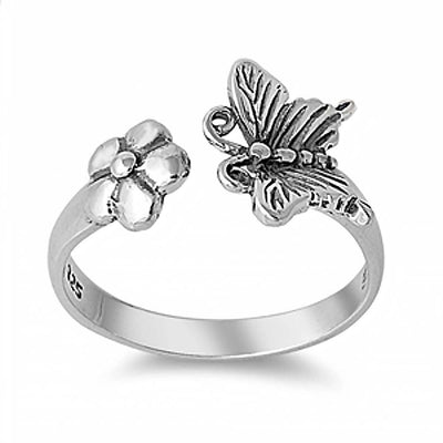 Sterling Silver Trendy Butterfly and Flower Design Ring with Face Height of 12MM