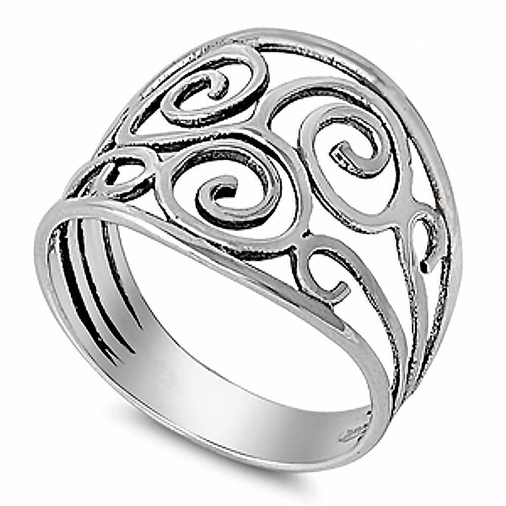 Sterling Silver Fancy Swirl Wide Band Ring with Face Height of 15MM