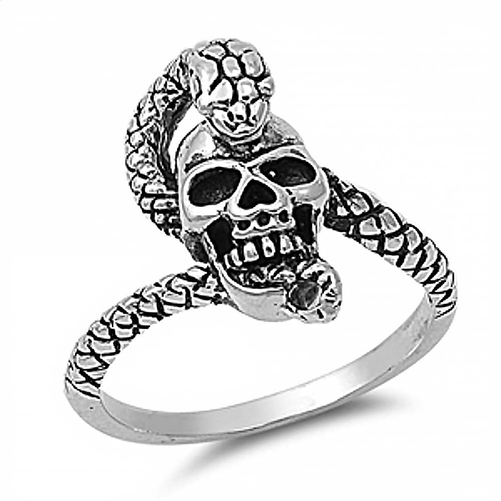 Sterling Silver Skull with Snake Ring with Face Height of 9MM