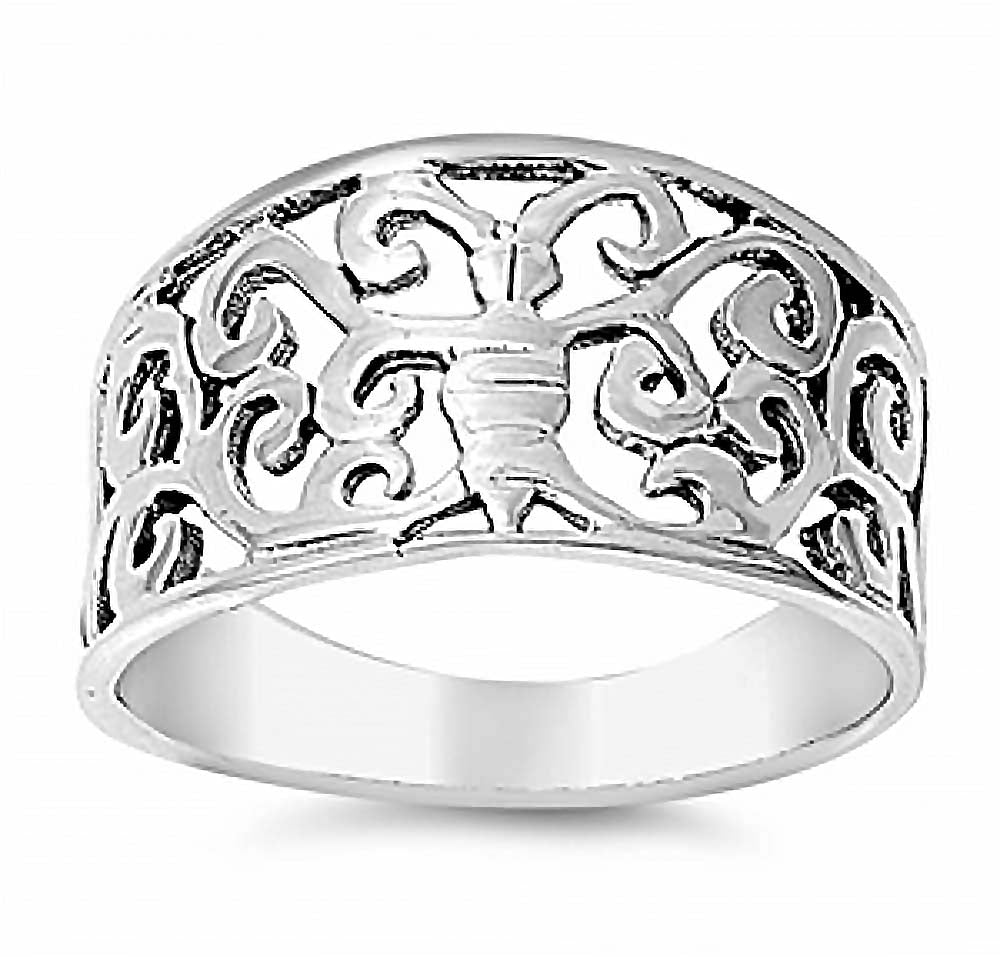 Sterling Silver Fancy Butterfly Wide Band Ring with Face Height of 11MM