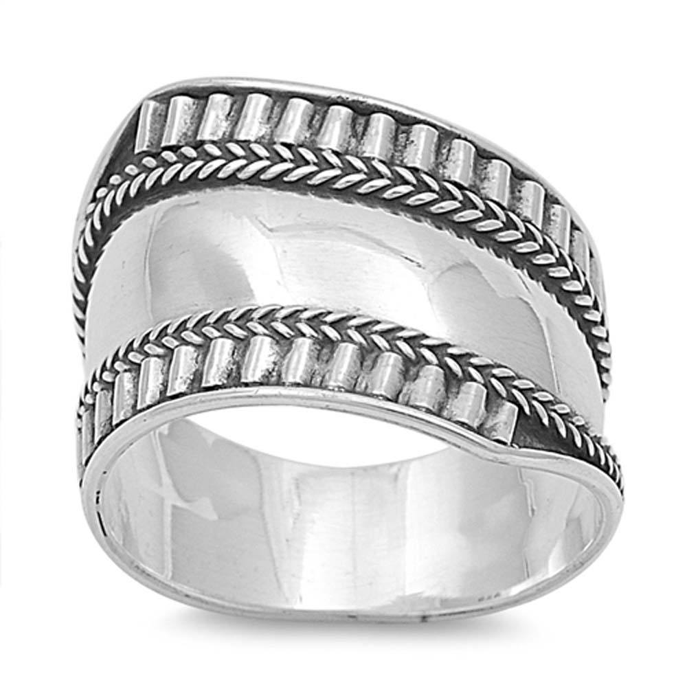Sterling Silver  Tribal Bali Design Cigar Band Ring with Face Height of 14MM
