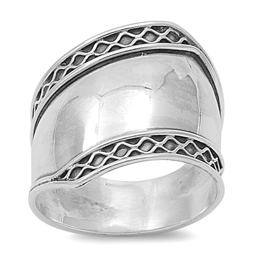 Sterling Silver Curved Bali Design Ring And Face Height 19mm