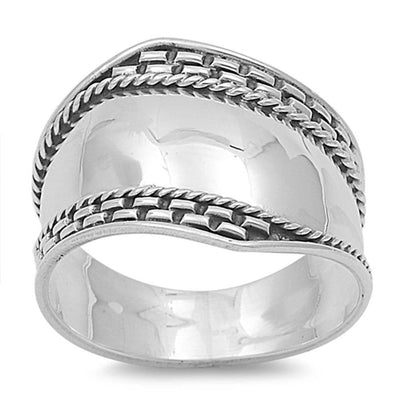 Sterling Silver Bars and Twisted Bali Design Cigar Band Ring with Face Height of 16MM