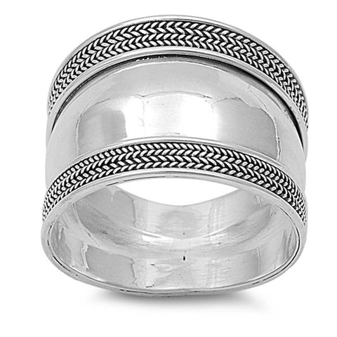 Sterling Silver Weaved Bali Design Tribal Wide Band Ring with Face Height of 18MM