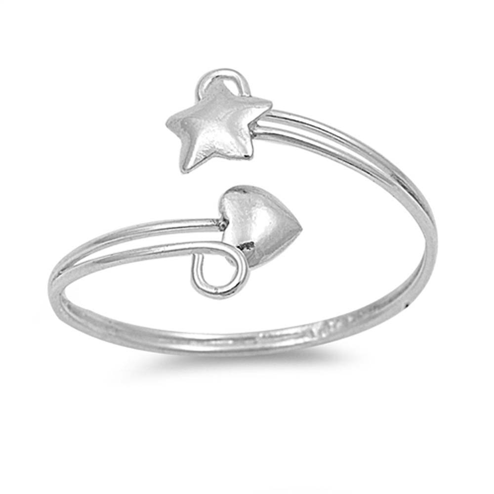 Sterling Silver Heart and Star Adjustable Ring with Face Height of 12MM