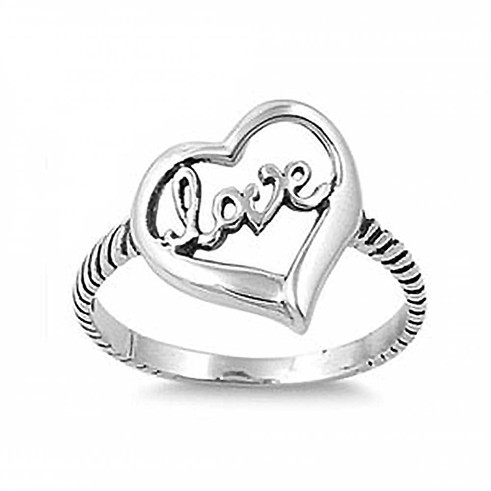Sterling Silver Heart with Cursive Love in Center Twisted Band Ring with Face Height of 14MM
