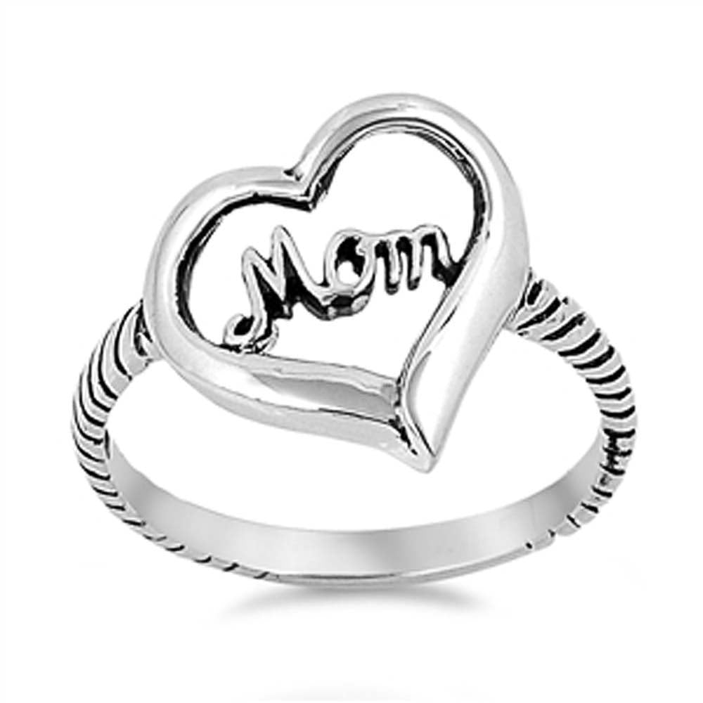 Sterling Silver Heart with Cursive Mom in Center Twisted Band Ring with Face Height of 14MM