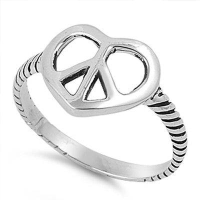 Sterling Silver Peace Sign Heart Twisted Band Ring with Face Height of 11MM