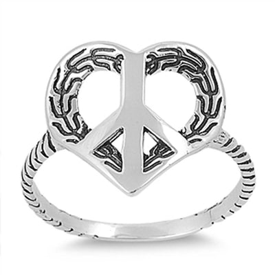 Sterling Silver Fancy Peace Sign Heart Twisted Band Ring with Face Height of 14MM