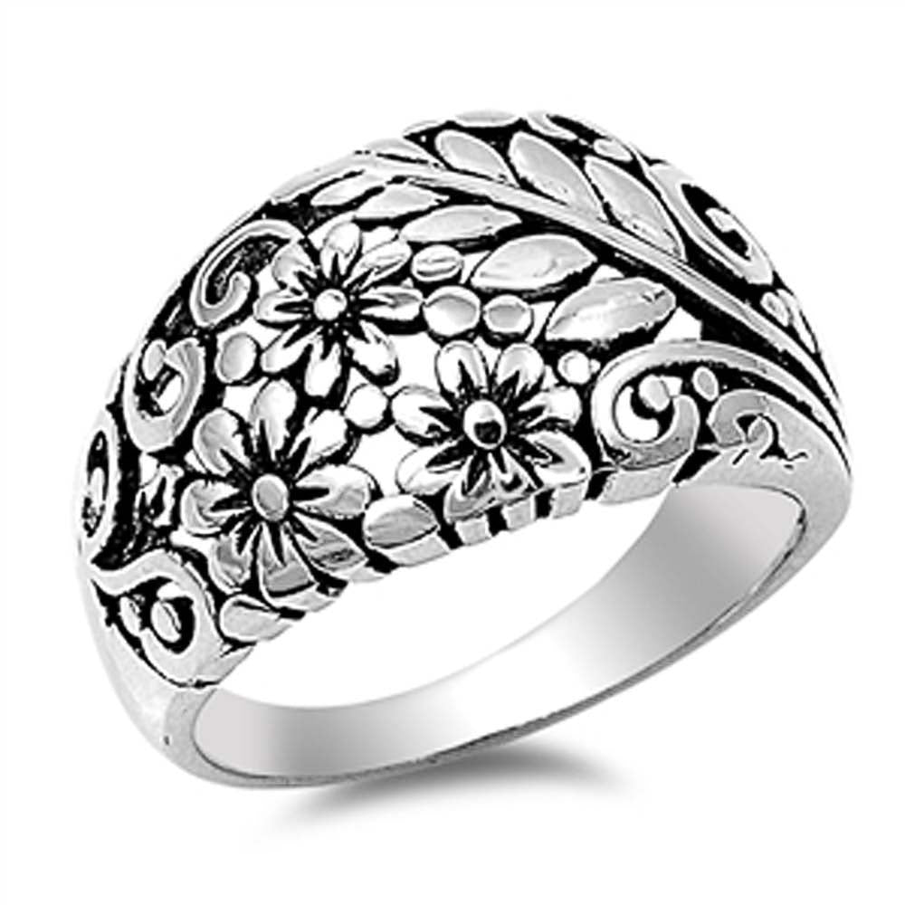 Sterling Silver Floral Design Wide Band Ring with Face Height of 13MM