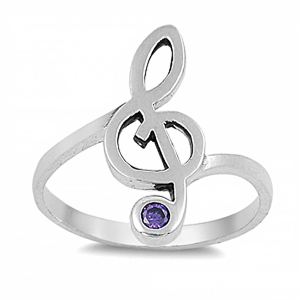 Sterling Silver Fancy Music Note with Amethyst Cz Stone Ring with Face Height of 20MM