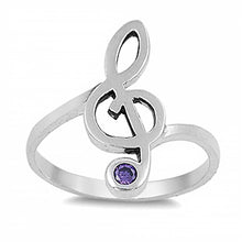 Load image into Gallery viewer, Sterling Silver Fancy Music Note with Amethyst Cz Stone Ring with Face Height of 20MM