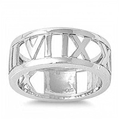 Sterling Silver Rhodium Plated Roman Numerals Shaped Plain RingsAnd Face Height 9mm