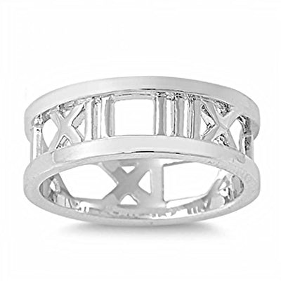 Sterling Silver Rhodium Plated Roman Numerals Shaped Plain RingsAnd Face Height 8mm
