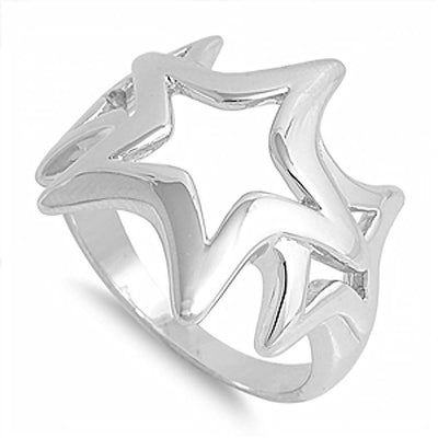 Sterling Silver Trendy Open Cut Triple Star Ring with Face Height of 24MM