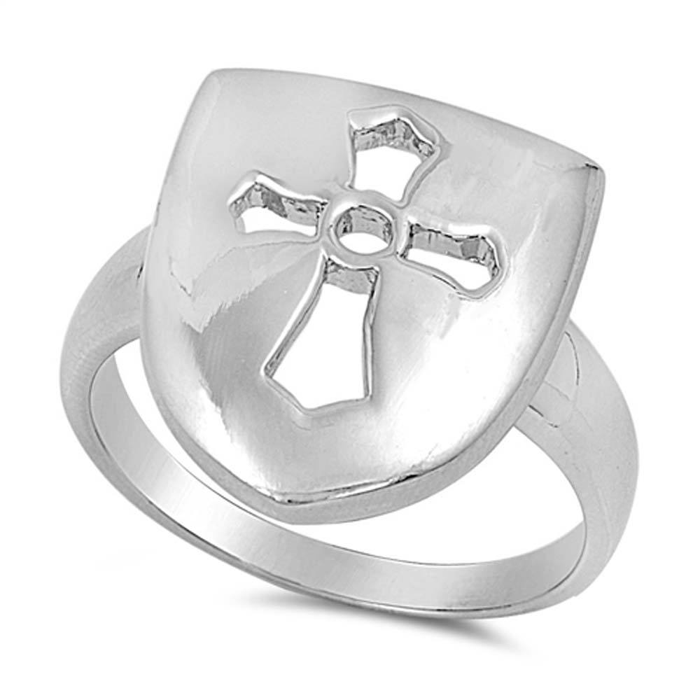 Sterling Silver Plain Shield Carved with Open Cut Cross Ring with Face Height of 18MM
