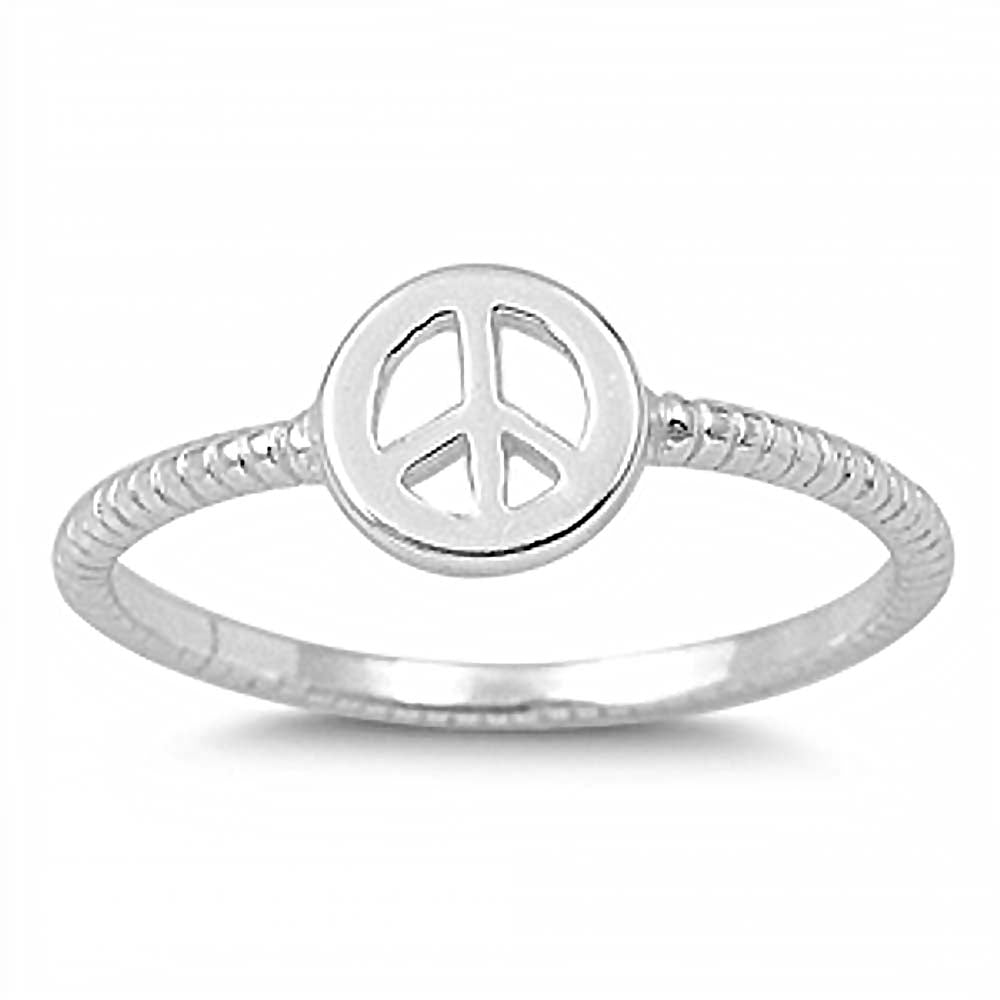 Sterling Silver Peace Sign Rope Band Ring with Face Height of 7MM