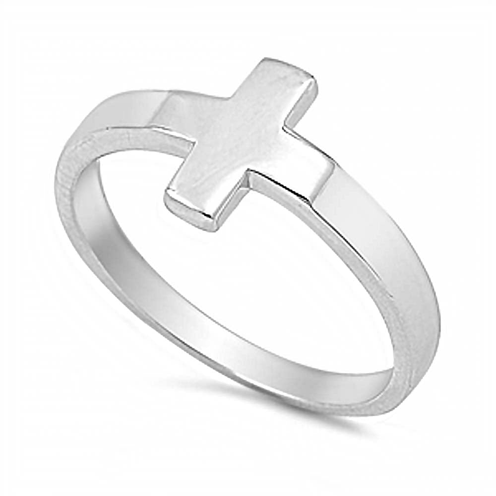 Sterling Silver Plain Sideway Cross Ring with Face Height of 10MM