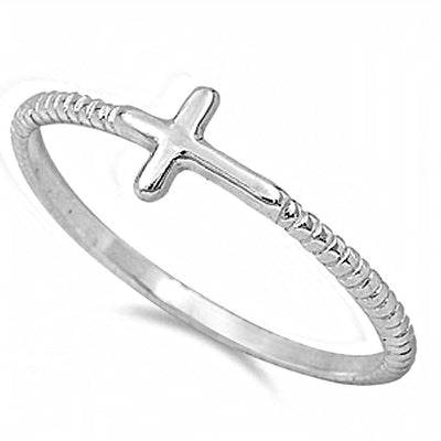 Sterling Silver Sideway Cross Rope Band Ring with Face Height of 5MM