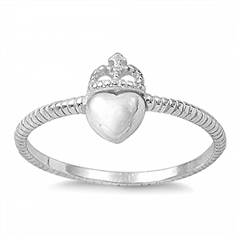 Sterling Silver Heart Crown Rope Band Ring with Face Height of 9MM