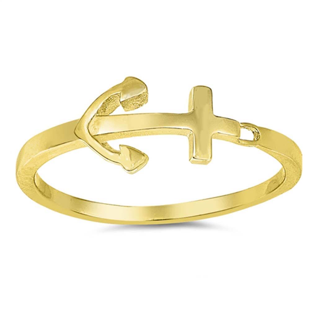 Sterling Silver Yellow Gold Plated Anchor Shaped Plain RingsAnd Face Height 7mm