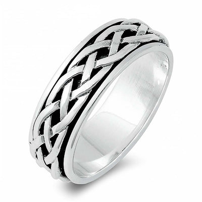 Sterling Silver Modish Two-Tone Celtic Knot Design Spinner Ring with Face Height of 8MM