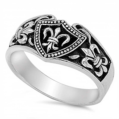 Sterling Silver Stylish Two-Tone Fleur De Lis Design Black Band Ring with Face Height of 10MM