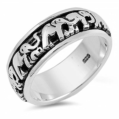 Sterling Silver Two-Tone Marching Elephant Design Spinner Band Ring with Face Heigtht of 7MM
