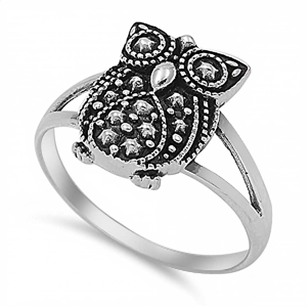 Sterling Silver Fancy Owl Ring with Face Height of 14MM