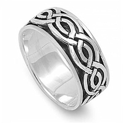 Sterling Silver Modish Two-Tone Celtic Knot Design Spinner Ring with Face Height of 9MM
