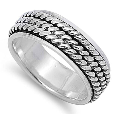 Sterling Silver Two-Tone Triple Twisted Rope Design Spinner Band Ring with Face Height of 7MM