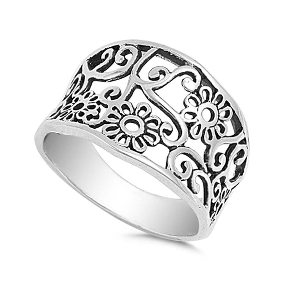 Sterling Silver Fancy Flower Design Wide Ring with Face Height of 10MM