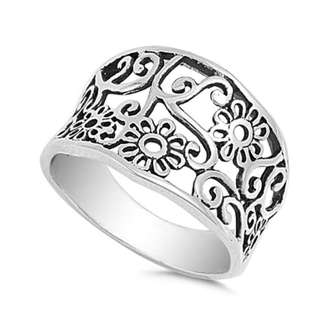 Sterling Silver Fancy Flower Design Wide Ring with Face Height of 10MM