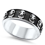 Sterling Silver Two-Tone Multiple Skull Design Black Band Ring with Face Height of 17MM