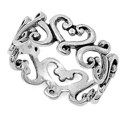 Sterling Silver Fancy Multiple Upside Down Heart Design Band Ring with Face Height of 8MM