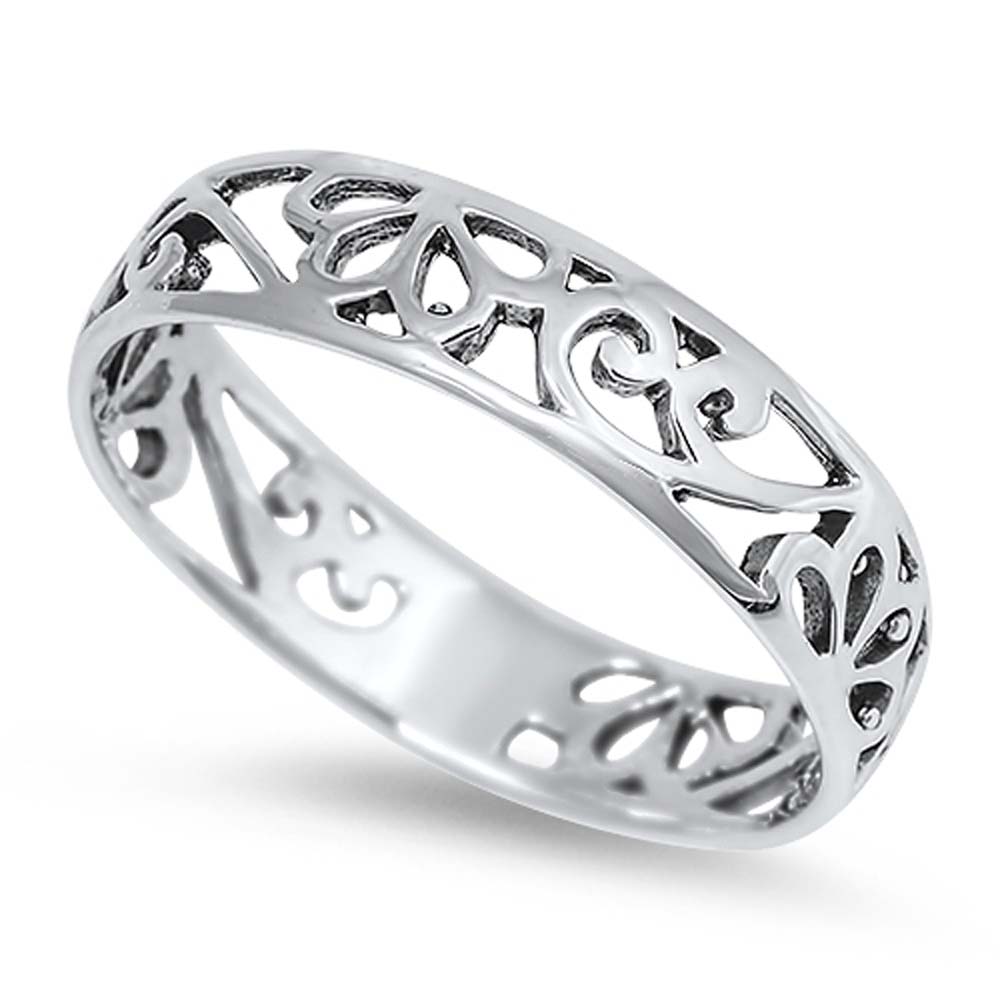Sterling Silver Stylish Flower and Vine Design Band Ring with Face Height of 4MM