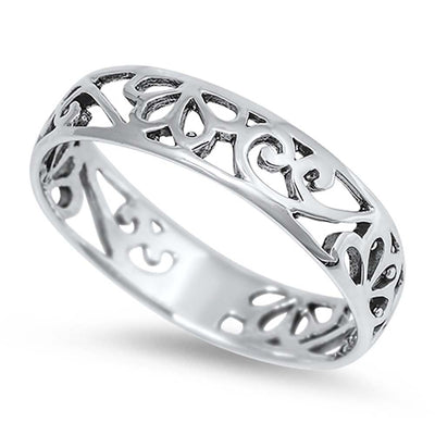 Sterling Silver Stylish Flower and Vine Design Band Ring with Face Height of 4MM