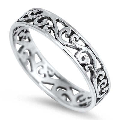 Sterling Silver Fancy Floral Vine Design Band Ring with Face Height of 4MM