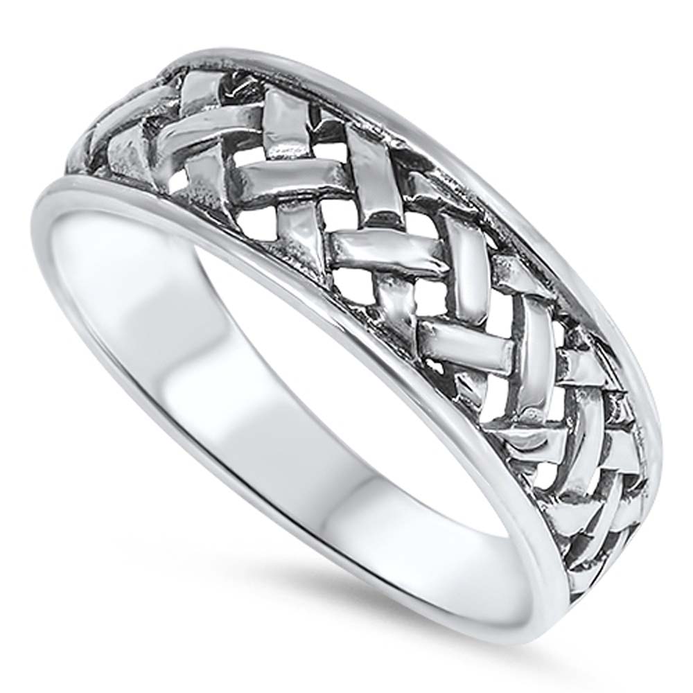 Sterling Silver Cross Cut Design Band Ring with Face Height of 6MM