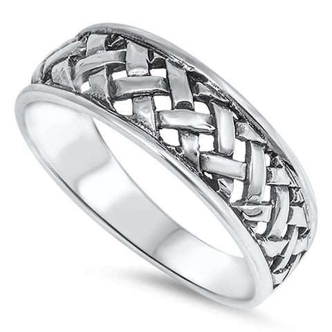 Sterling Silver High Polish Cross Cut Design Band Ring with Face Height of 6MM