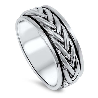 Sterling Silver Two-Tone with Braided Design Black Band RingAnd Face Height of 8MM
