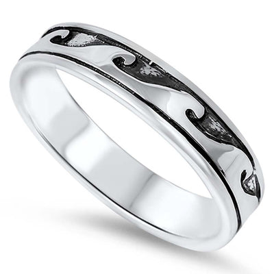 Sterling Silver Two-Tone with Black Inlay Wave Design RingAnd Face Height of 4.5MM