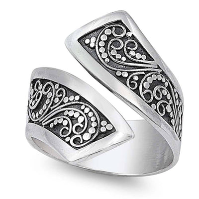 Strerling Silver Two-Tone with Fancy Floral Vine and Beads Design Bypass RingAnd Face Height of 9MM