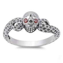 Load image into Gallery viewer, Sterling Silver Stylish Skull with Garnet Cz Eyes RingAnd Face Height of 9MM