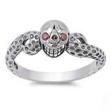 Sterling Silver Stylish Skull with Garnet Cz Eyes RingAnd Face Height of 9MM
