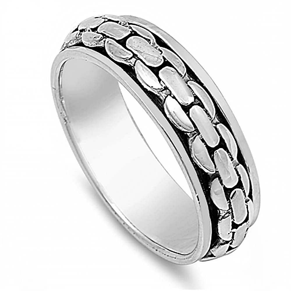 Sterling Silver Two-Tone with Linked Chain Design Black Band Spinner Ring with Face Height of 8MM