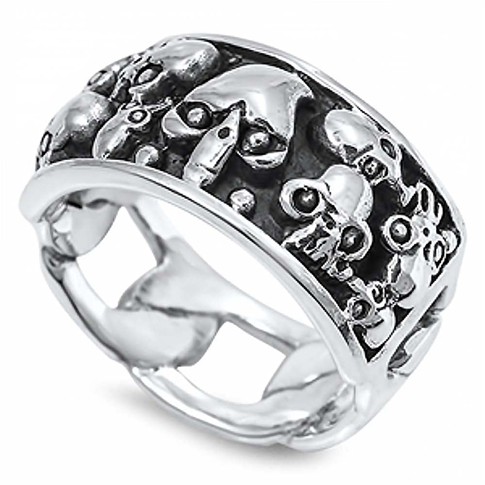 Sterling Silver Wide Curb Link Band with Embossed  Multi Skull Design RingAnd Face Height of 11MM