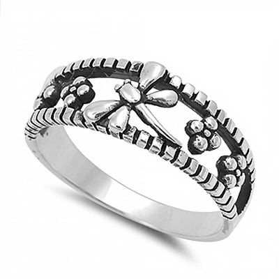 Sterling Silver Floating Dragonfly and Flower Design Band Ring with Face Height of 8MM
