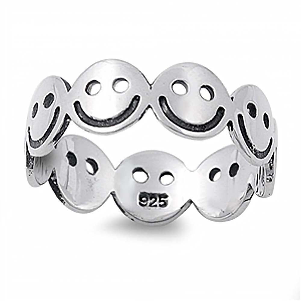 Sterling Silver Fancy Multi Smiley Face Band Ring with Face Height of 6MM